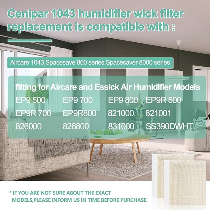 Cenipar 1043 Humidifier Wick Filter Replacement for ES-Sick Air-Care Compatible with EP9500 EP9700 EP9800 831000 821000 826000 826800 and Be-mis Space Saver 800 8000 Series Humidifiers(2 Pack)