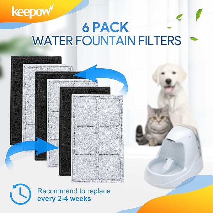 KEEPOW Replacement Carbon Filters for PetSafe Drinkwell Fountain, Pet Water Fountain Filters for Drinkwell Platinum, Zen, Original, Multi-Tier, Mini, Outdoor, Big dog and Everflow, 6-Pack Filter