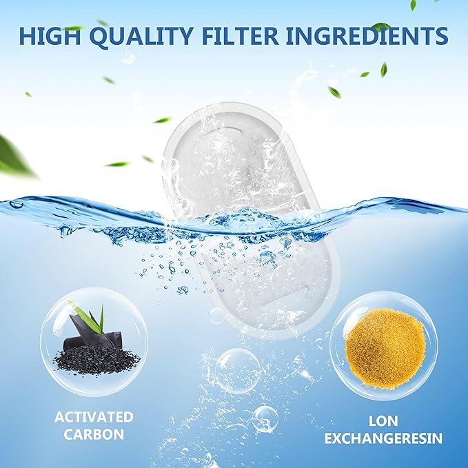 Cat Drinking Fountain Replacement Filter - Fits 67 oz/2 L and 108 oz/3.2 L Stainless Steel Drinkers - Activated Carbon and Ion Exchange Resin Filter - Pet Drinking Fountain Filters (8 Pack)