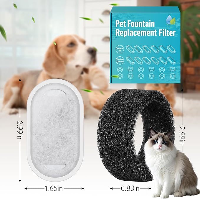 Cat Drinking Fountain Replacement Filter - Fits 67 oz/2 L and 108 oz/3.2 L Stainless Steel Drinkers - Activated Carbon and Ion Exchange Resin Filter - Pet Drinking Fountain Filters (12 Pack)