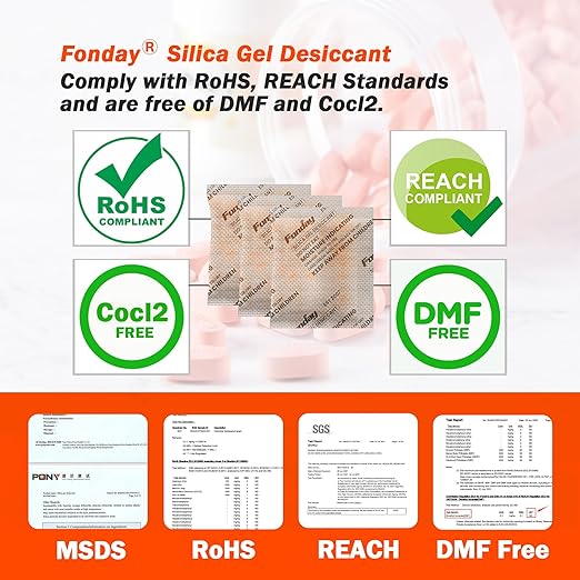 100Packs x 20Gram Fonday Rechargeable Silica Gel Desiccant Packets Food Grade Fast Reactivate Desiccant Bags Moisture Indicating Orange to Green