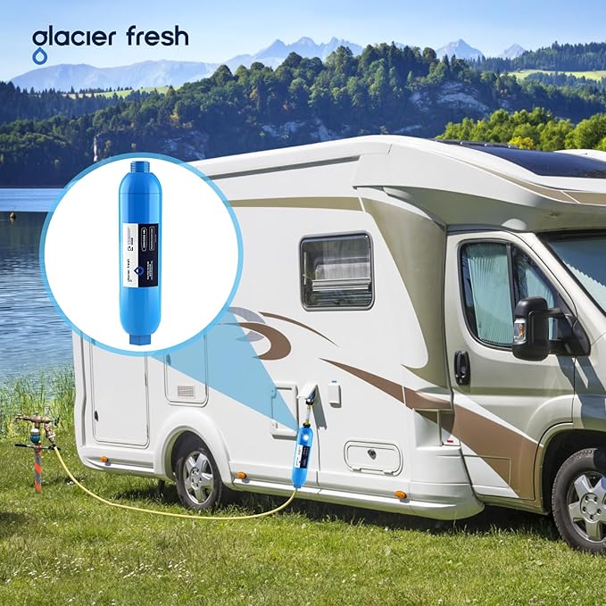 GLACIER FRESH RV/Marine Water Filter with 1 Flexible Hose Protector, Greatly Reduces Bad Taste, Odors, Chlorine and Sediment in Drinking Water, 3 Pack
