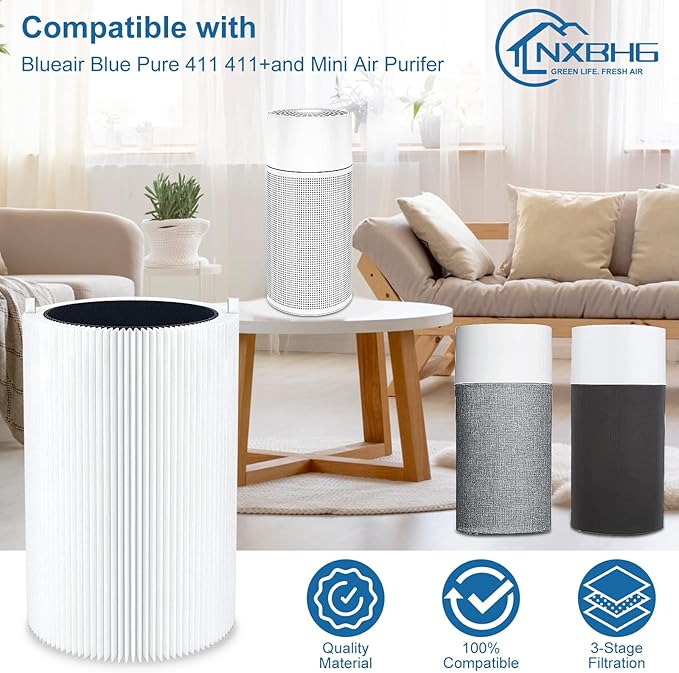 Blue Air Filter Replacement 411 Compatible with Blueair 411 Genuine, Blue Pure 411+,411 Auto & Mini, 3 Pack Particle and Activated Carbon Filter (3 Pack Filter)
