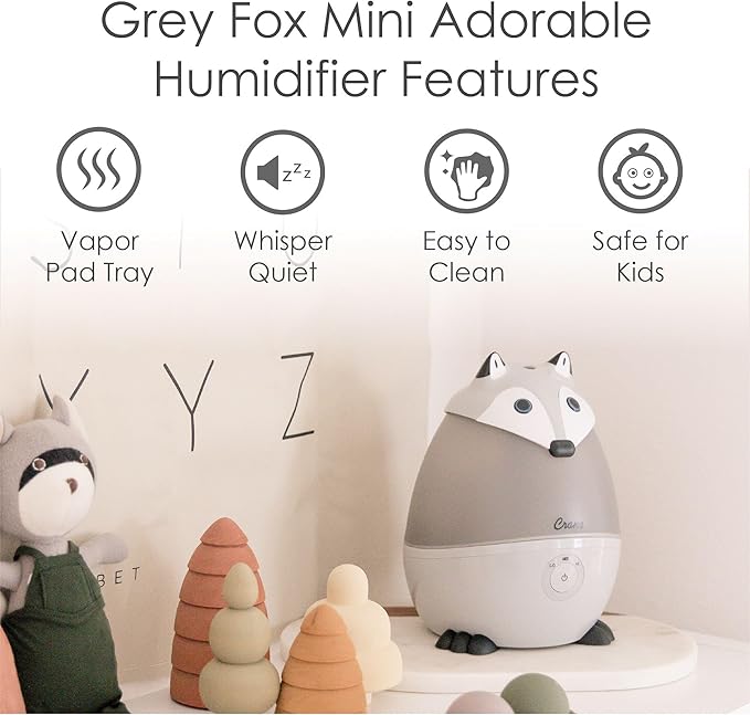 Crane Ultrasonic Cool Mist Animal Humidifier for Kids' Bedroom & Nursery, Adjustable 0.5 Gallon, Auto Shut-Off Silver Fox 0.5 Gallon Grey