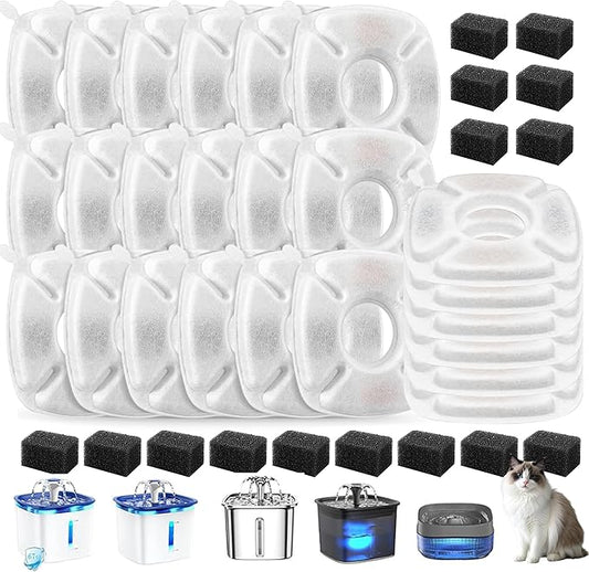 Cat Water Fountain Filters Replacement-24Pack Activated Carbon&Ion Exchange Resin Filters-Compatible with 67oz 95oz 135oz Pet Fountains-Improves Water Quality for Cats Dogs Stainless Steel Dispensers