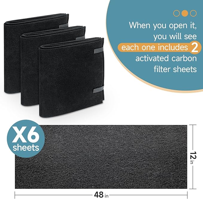 6 Sheets,12'' x 48'' Cut to Fit Activated Carbon Filter Pad for Vents, Purifiers, Air Conditioner, Hood Fans. Filter Odors, Smoke, Dust, Pet Dander