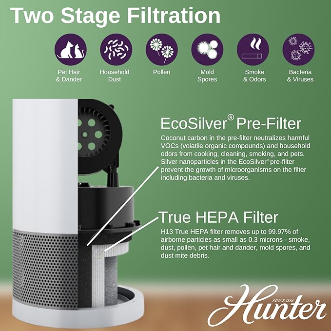 Hunter HP400 Round Air Purifiers for Home, True HEPA Air Purifier Tower for Pets, Odors, Allergens, Smoke, Dust, VOC's. HEPA Air Purifiers for Bedroom and Small Room, Denim & Silver