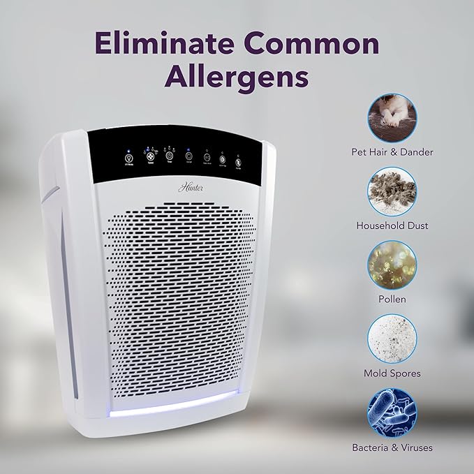 Hunter HP850 Air Purifiers for Home Large Room and Bedroom. True HEPA Air Purifier for Pets, Odors, Allergens, Smoke, Dust. 4 Fan Speeds, Quiet Sleep Mode, UV Mode. Filters 2585 Ft² per hour. White