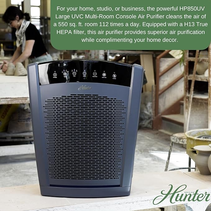 Hunter HP850 Air Purifiers for Home Large Room and Bedroom. True HEPA Air Purifier for Pets, Odors, Allergens, Smoke, Dust. 4 Fan Speeds, Quiet Sleep Mode, UV Mode. Filters 2585 Ft² per hour. White