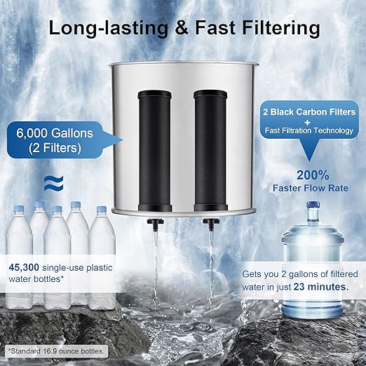 8-Stage Gravity Water Filtration System 3.0 Gallon-304 Stainless Steel Countertop System with 4 Filters and StandReduce 99.9% Chlorine, NSF/ANS 42 Certifcation