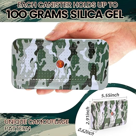 100 Gram Camouflage Gun Safe Dehumidifier Silica Gel Canister Rechargeable Dehumidifier Desiccant Reusable Indicating Desiccant Moisture Absorber with Visible Window [4PACK]