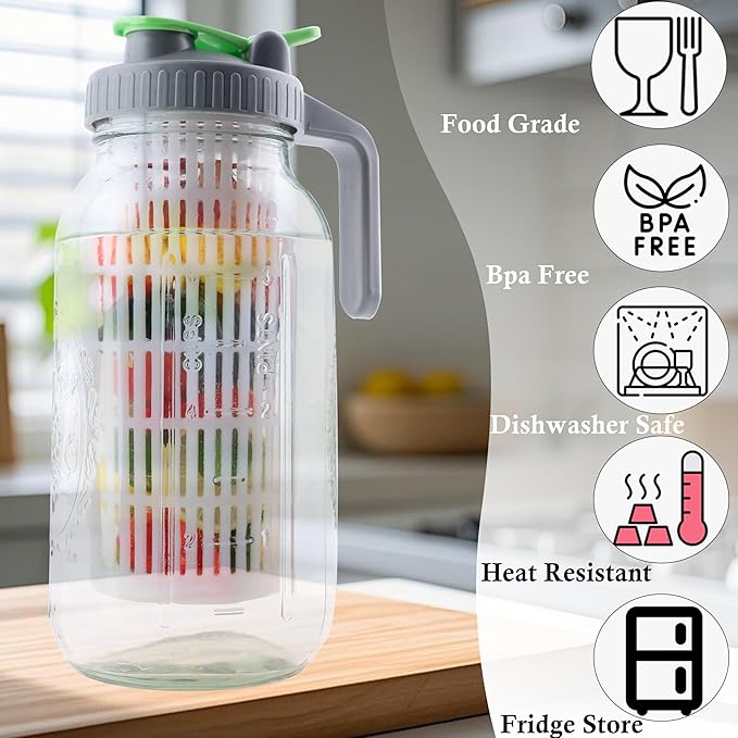 Glass Mason Jar Water Fruit Infuser Pitcher With Lid 64 Oz Wide Mouth Tea Infused Pitchers 2 Quart Sun Tea Jar For Outside Half Gallon Iced Coffee Tea Lemonade Juice Homemade Drinks Container- 2 Set