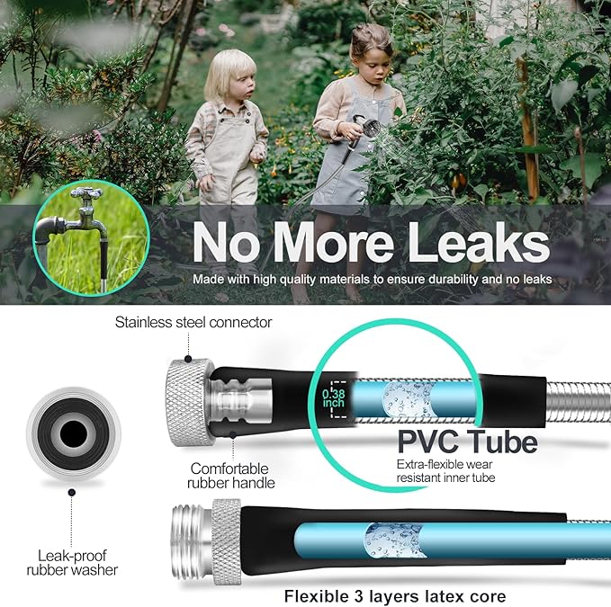 100ft 304 Stainless Steel Garden Hose Metal, Heavy Duty Water Pipe with Nozzles for Yard, Outdoor - Flexible, Never Kink & Tangle, Puncture Resistant (Sliver)