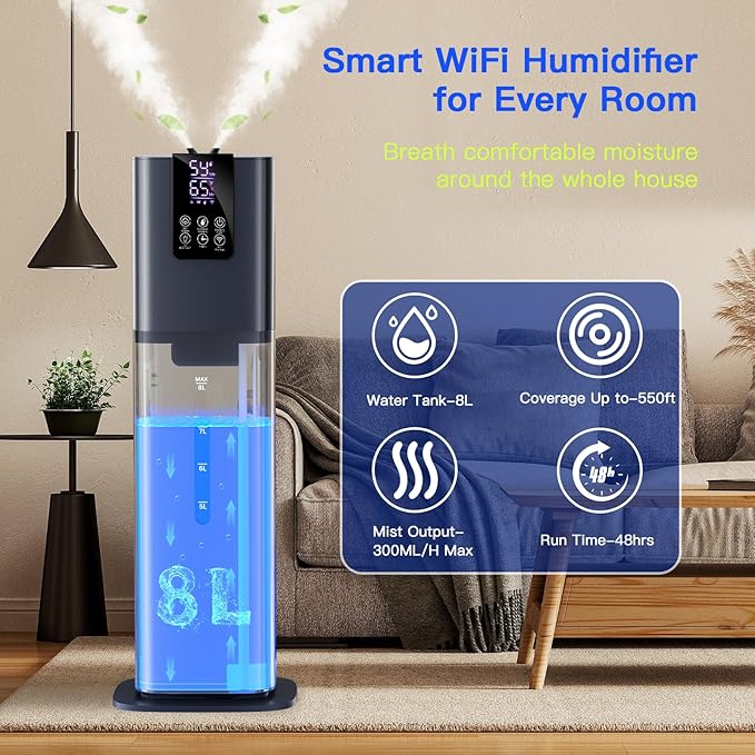 Smart Humidifiers Large Room Bedroom Home, 2.11Gal(8L) Quiet Top Fill Cool Mist Humidifier, Smart App & Remote Control, 3 Speed Humidifier with 360° Nozzle, Humidity Setting for Baby Office(Blue)