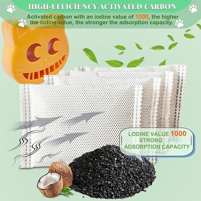 Unscented Cat Litter Box Deodorizer Kit Stick-On Activated Carbon Odor Eliminators Compatible with most manual and automatic litter boxes (4 Refills+ 1 Box) (Orange, Unscented)