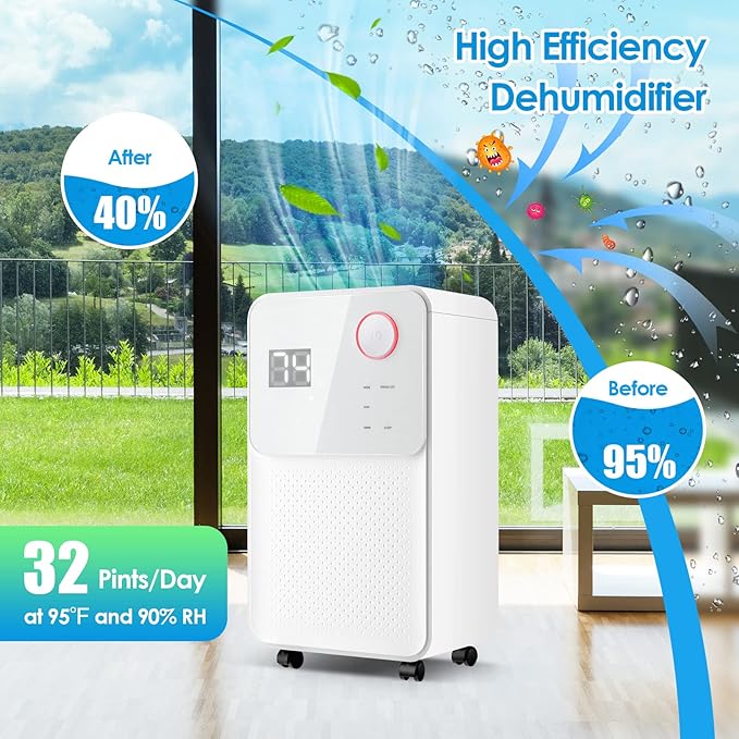 ARLIME 32 Pints Dehumidifier, 2000 Sq.ft Dehumidifiers for Basement & Home, 0.5G Water Tank, Quiet Dehumidifier w/ 3 Modes & 2 Fan Speeds, 24H Timer, Child Lock, Universal Wheels & 43" Drain Hose