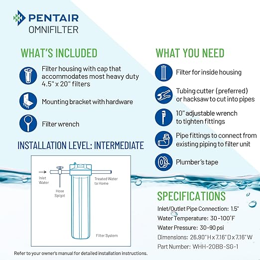Pentair OMNIFilter Whole Home 20" Heavy-Duty Big Blue Water Filtration System with Pressure Relief, Black/Blue
