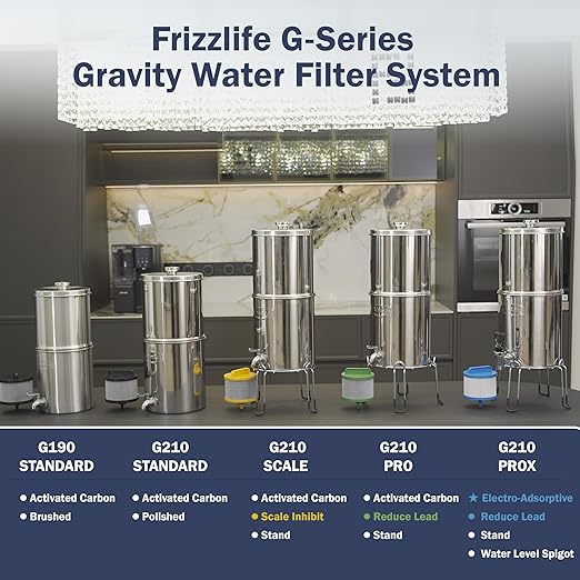 Frizzlife Reduces 99.9% Lead Gravity-fed Water Filter System, NSF/ANSI 42&372 Standards, 2.25G Countertop Water Filter Reduces Chlorine, Heavy Metals, with Activated Carbon Filter and Stand, G210-PRO