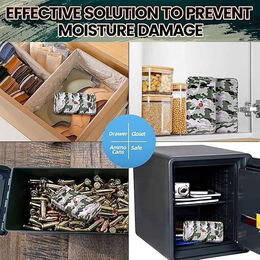 100 Gram Camouflage Gun Safe Dehumidifier Silica Gel Canister Rechargeable Dehumidifier Desiccant Reusable Indicating Desiccant Moisture Absorber with Visible Window [4PACK]