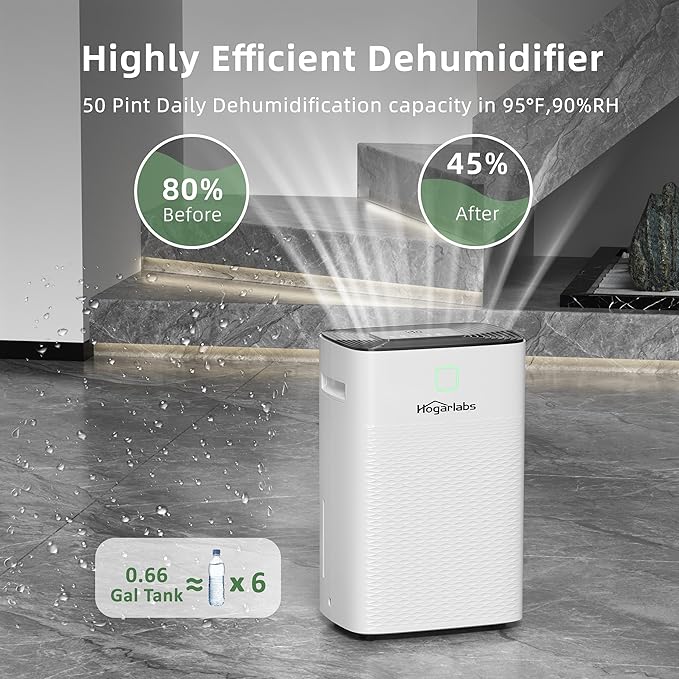 50 Pint Smart Dehumidifiers for Home and Basements, with 3 Working Modes, Overflow Protection, and Auto Shut off Restart. Ultra Silent Dehumidifier with Drain Hose and Digital Control Panel.