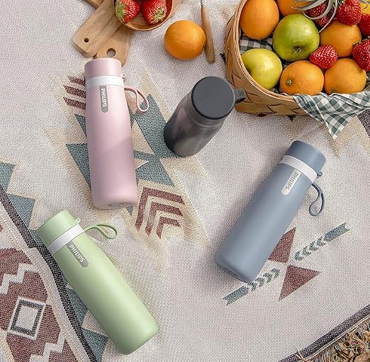 PHILIPS Water Bottle with Filter, Filter Water Bottle Stainless Steel with GoZero Everyday BPA-Free Tap Water Filter, Water Filter Bottle Keep Drink Cold 24 Hours, 3 Filters for 120 gal / 6 Months