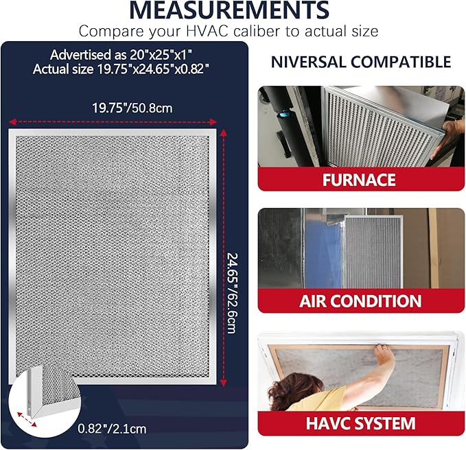 Reusable Washable Aluminum Air Filter, MERV 8, Rectangular, Heavy-duty, Compatible with Air Conditioner, Furnace, HVAC, Lasts a Lifetime, Easy to Clean (Actual Size: 19.75x24.65x0.82)