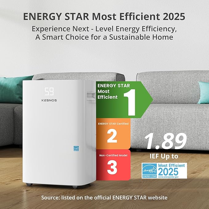 Kesnos 5,000 Sq. Ft. Most Efficient Energy Star 2025 Dehumidifier for Home, 80 Pints Dehumidifier with Drain Hose for Basement, Bedroom, Bathroom, Room, Featuring Front Display, 24H Timer Function