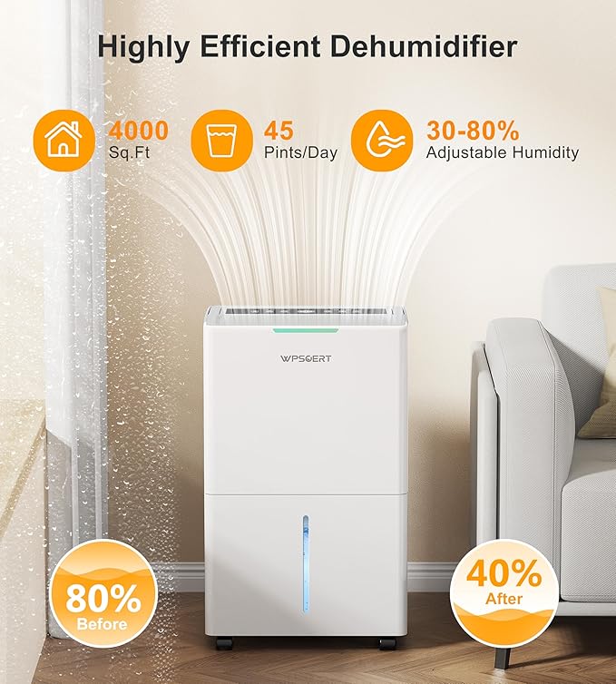 4000 sq.ft Dehumidifier for Basement, 45 Pint Dehumidifiers for Home with Drain Hose, WPSOERT Smart Compressor Dehumidifies for Large Room, Bedroom, 3 Modes, Intelligent Humidity Control, Auto Defrost