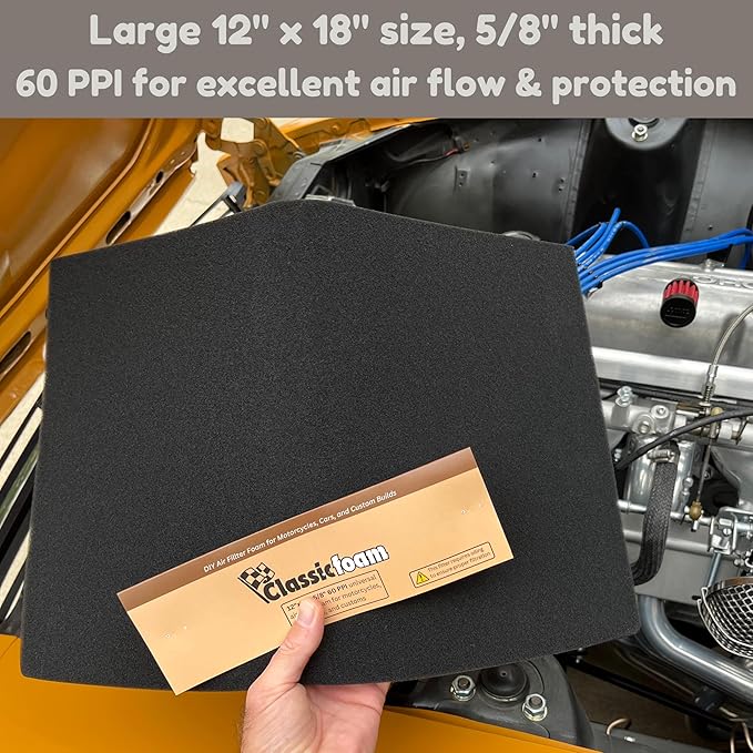 Air Filter Foam Sheet Material - 12"x18"x5/8" - 60 PPI for Motorcycles, Dirt Bikes, Classic Cars, ATV, UTV, SXS, Small Engines