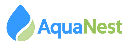 AquaNest logo with a blue and green water droplet icon and enlarged AquaNest text in modern sans-serif font on a transparent background