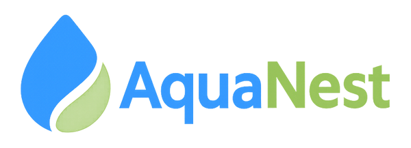 AquaNest logo with a blue and green water droplet icon and enlarged AquaNest text in modern sans-serif font on a transparent background