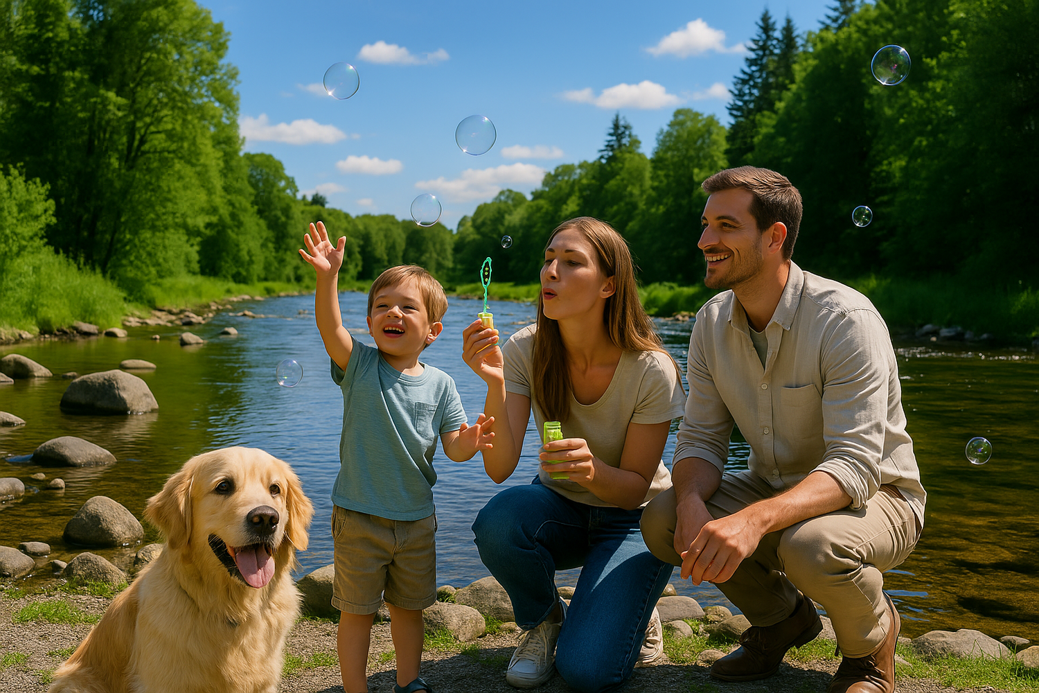 AquaNest About Us Our Promise image showing a happy family with a child and a dog playing with soap bubbles in nature under a clear sky
