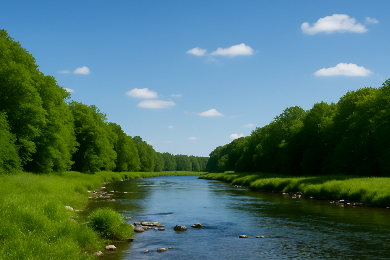 AquaNest About Us Our Story image showing a clear river under a bright blue sky with green trees symbolizing pure air and clean water