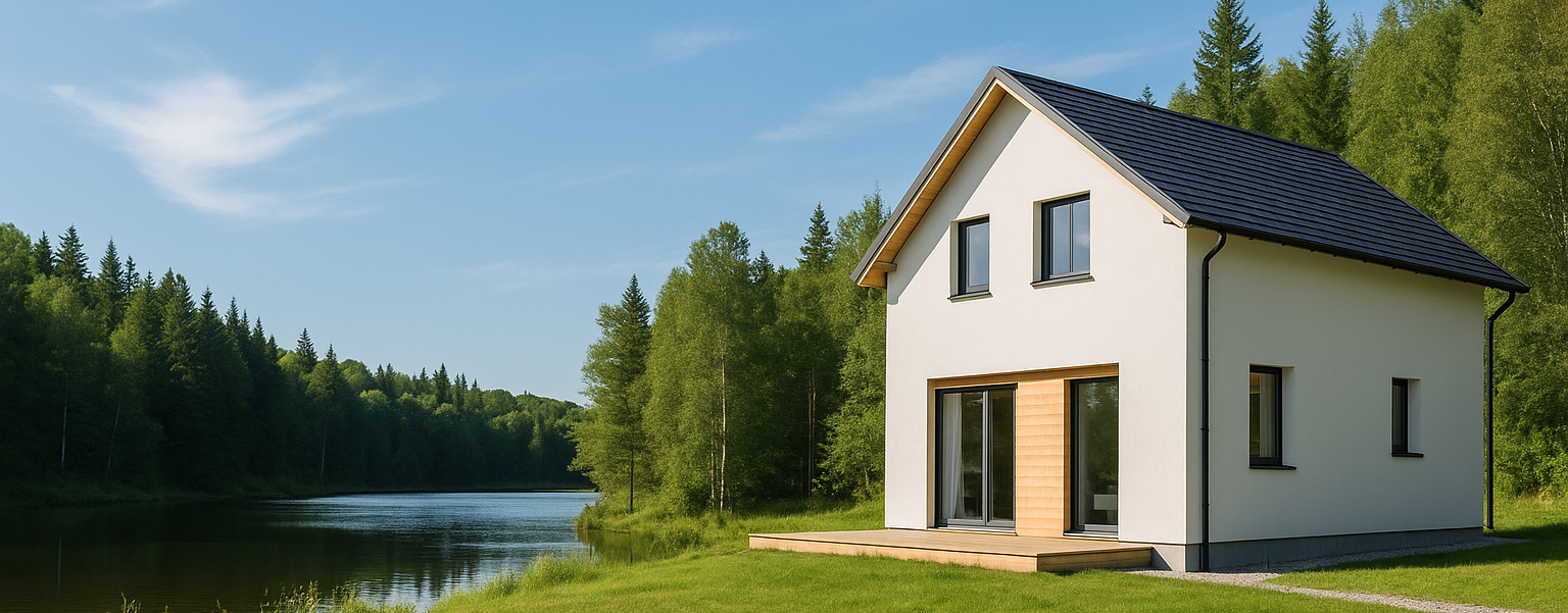 AquaNest banner image showing a bright modern house surrounded by clear natural scenery with blue sky, fresh trees, and a clean lake