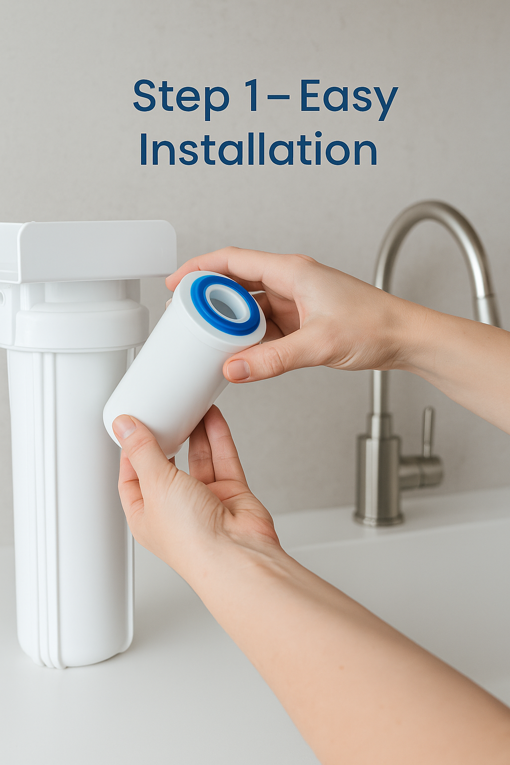AquaNest How It Works Step 1 image showing hands installing a water filter cartridge with white text Step 1 Easy Installation in vertical format