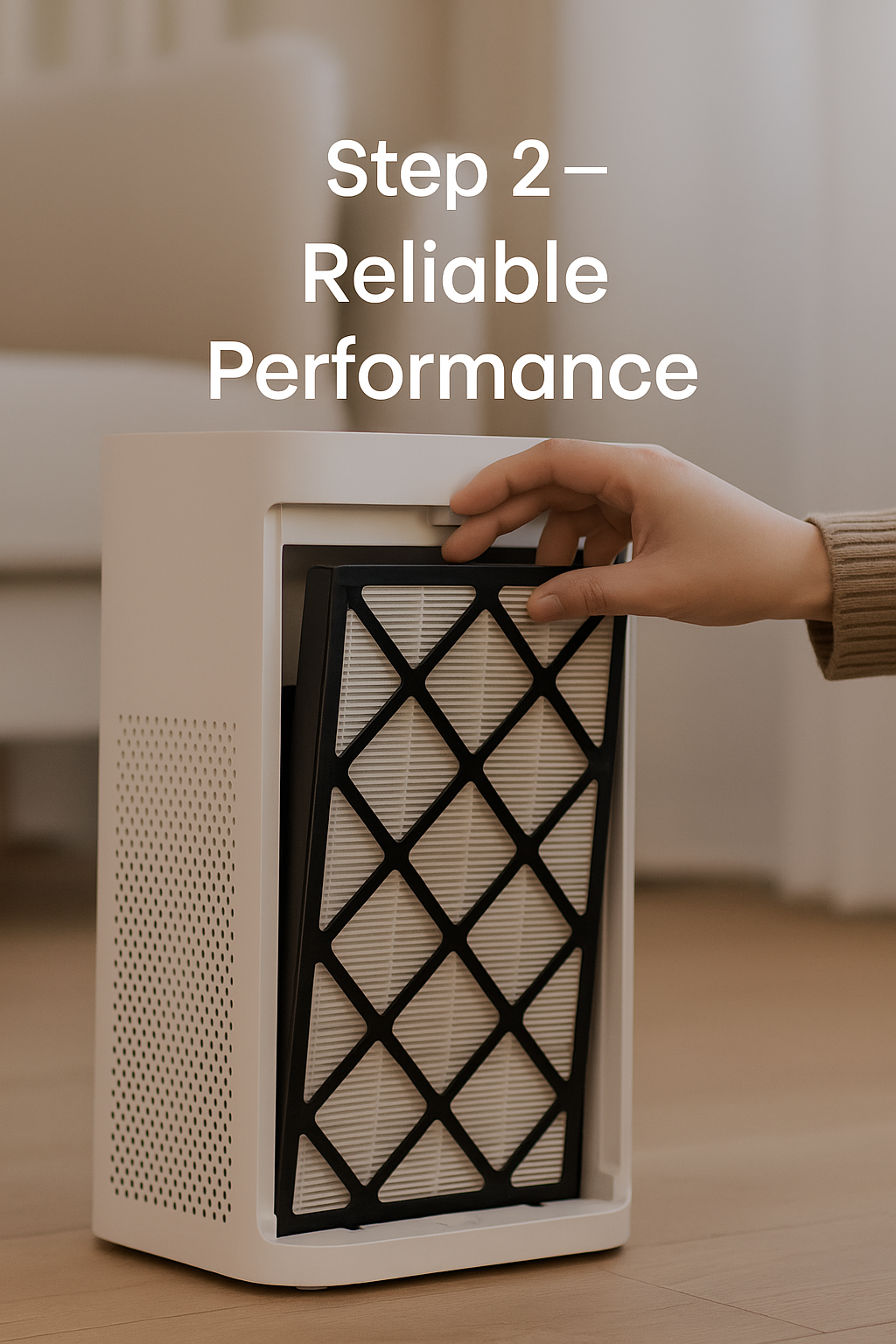 AquaNest How It Works Step 2 image showing a modern air purifier in a bright living room with white text Step 2 – Reliable Performance in vertical format